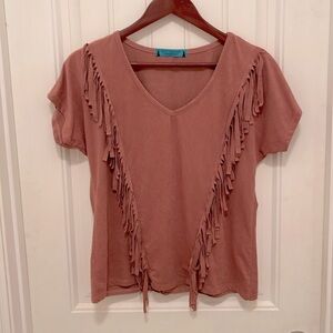 Patty Cowgirl Western V-Neck Fringe‎ Top Size M Dusty Rose